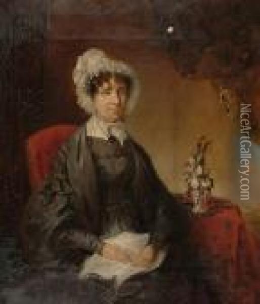 Portrait Of Mrs Ann Clowes 
Seated In An Interior, Wearing A Black Dress And A White Bonnet Oil Painting - John Linnell