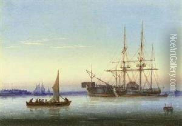 A Frigate Moored Alongside A Hulk With A Small Ferry Passingby Oil Painting - William Joy