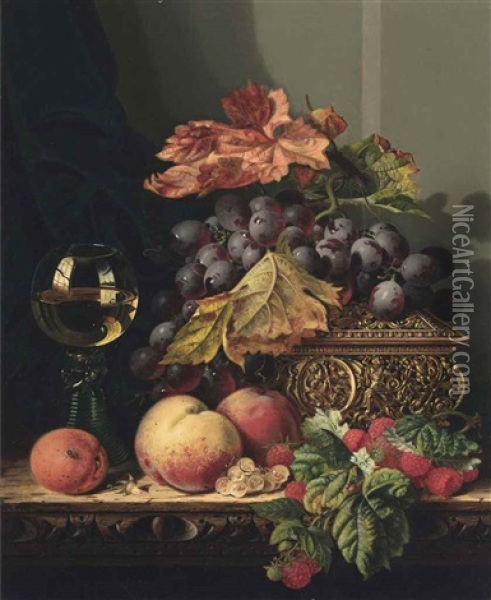 A Glass Of White Wine, Peaches, Grapes, Raspberries And Leaves, On A Carved Wooden Ledge Oil Painting - Edward Ladell