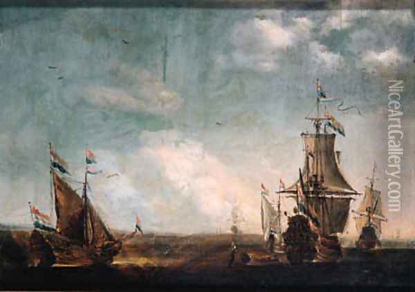 A calm an Amsterdam man-of-war with a state yacht at sea, other shipping nearby Oil Painting - Willem van de Velde the Younger