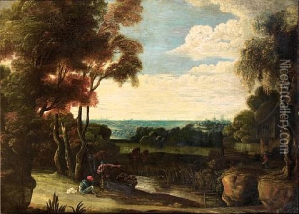 An Extensive Landscape With Figures Resting Beside A River Oil Painting - Jacques d' Arthois