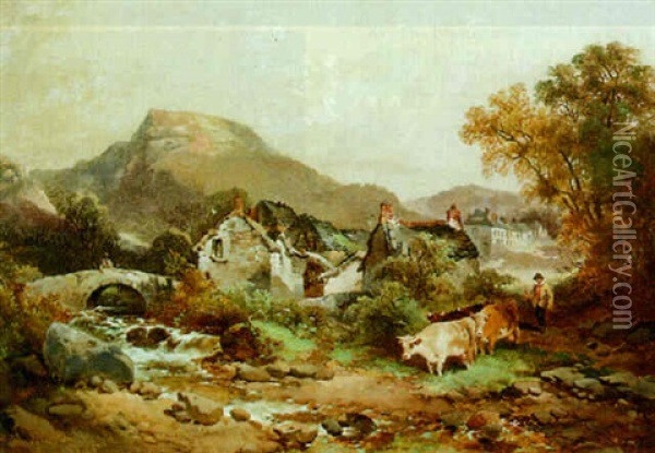 Cattle At A Ford Oil Painting - Joseph Horlor