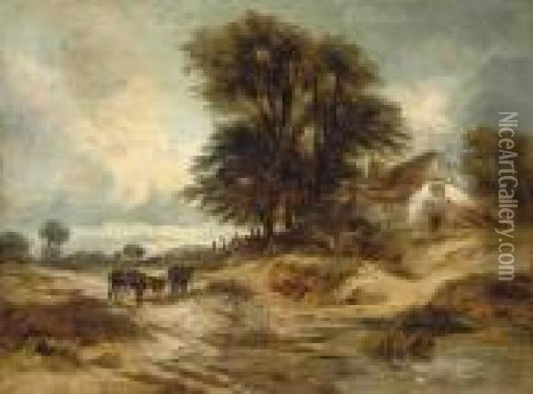 Two Donkeys Grazing Before A Thatched Cottage Oil Painting - William James Muller
