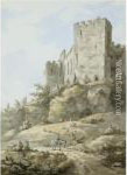 A Figure On Horseback, Ludlow Castle Beyond Oil Painting - William Marlow