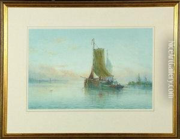 A View In Holland With Amsterdam-registered Boats Loading Cargo Oil Painting - John Baker