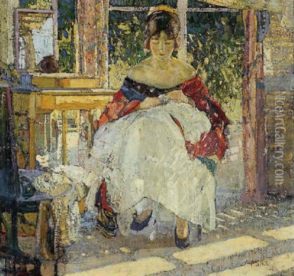 Woman Sewing Oil Painting - Richard Edward Miller