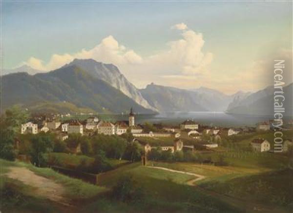 View Of Gmunden And Schlos Orth On Traunsee Oil Painting - J. Wilhelm Jankowsky