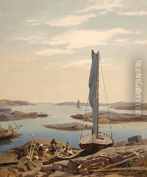 Piknik I Skjaergarden Oil Painting - Nils Bjornson Moller