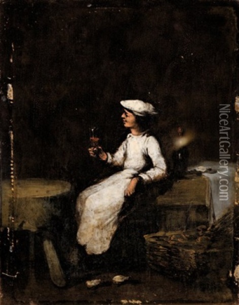 Le Jeune Marmiton Degustant Un Verre De Vin Et Des Huitres Oil Painting - Germain Theodore Ribot