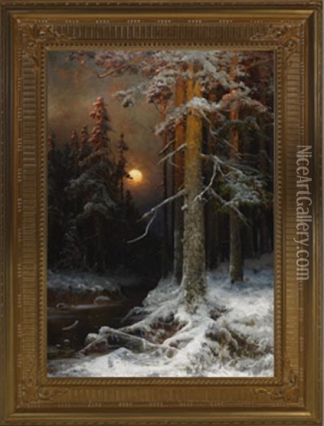 A Moonlit Forest, Winter Oil Painting - Yuliy Yulevich (Julius) Klever
