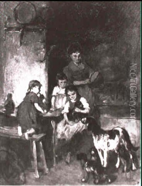 Mutter Mit Kindern Und Hunden In Der Bauernkuche Oil Painting - Adolf Eberle