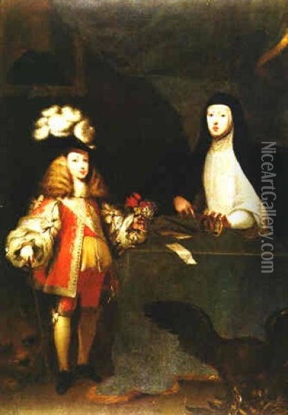 Retrato De Carlos Ii Nino Con Su Madre La Reina Mariana De Austria Oil Painting - Sebastian De Herrera Barnuevo