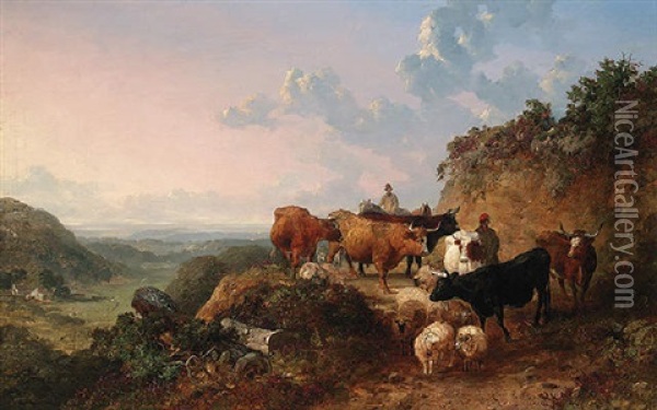 Droving The Cattle Home Oil Painting - John Dearman