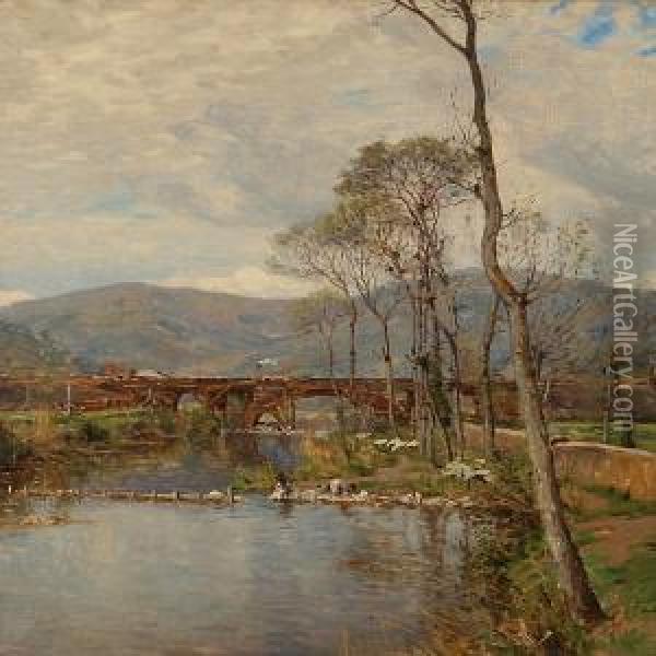 River Landscape With Women Doing The Laundry Oil Painting - Carl Martin Soya-Jensen
