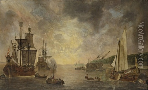 A Harbour With A Flute, A Frigate Firing A Salute, A Flute Being Careened And A States Yacht Oil Painting - Lieve Pietersz Verschuier