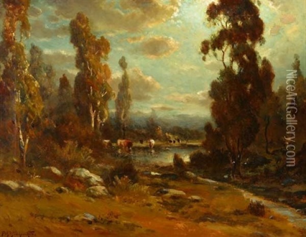 Moon's Radiance - Cattle Watering In Moonlit Landscape Oil Painting - Alexis Matthew Podchernikoff