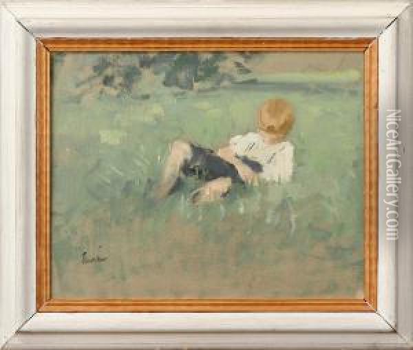 Pojke I Grongraset, Signerad Kumlien, Tempera Pa Panna, 30x38 Oil Painting - Akke Kumlien