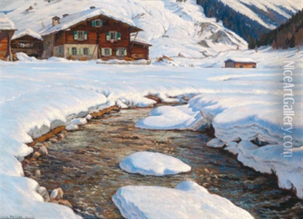 Winterliche Bachlandschaft, Davos Oil Painting - Franz Holper