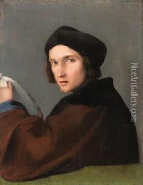 Portrait Of A Young Man, 
Half-length, In A Brown Mantle And A Darkcap, A Letter In His Hands Oil Painting - Lorenzo Lotto