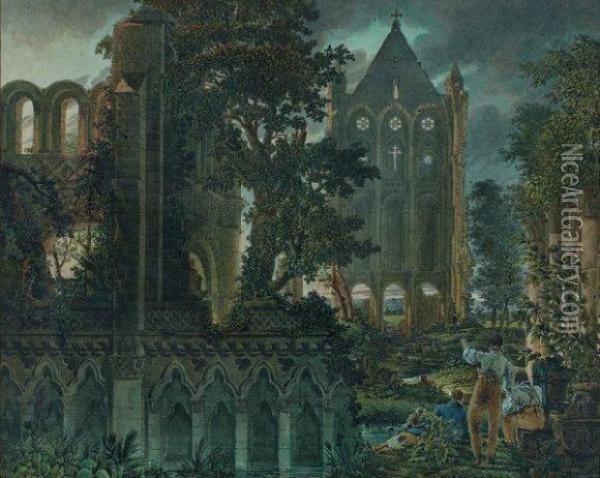 Dessinateurs Dans Des Ruines Gothiques Oil Painting - Charles Stanislas Leveille