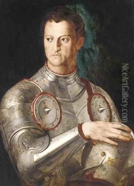 Portrait of Cosimo de' Medici, half-length wearing armour Oil Painting - Agnolo Bronzino