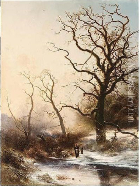 Figures By A Frozen Pond Oil Painting - Pieter Lodewijk Francisco Kluyver