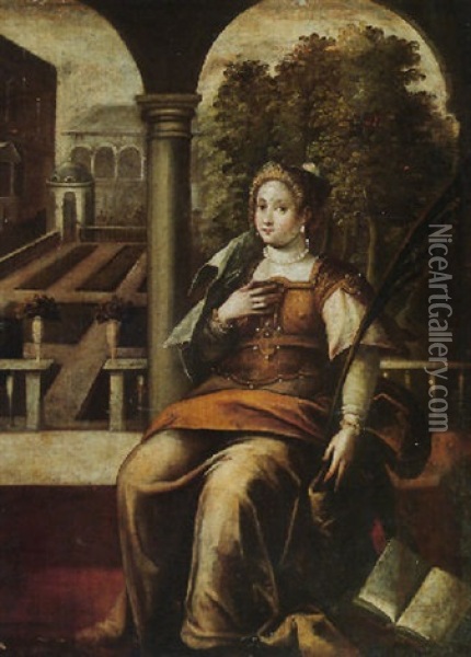 A Female Martyr Saint In The Grounds Of A Villa Oil Painting -  Pozzoserrato