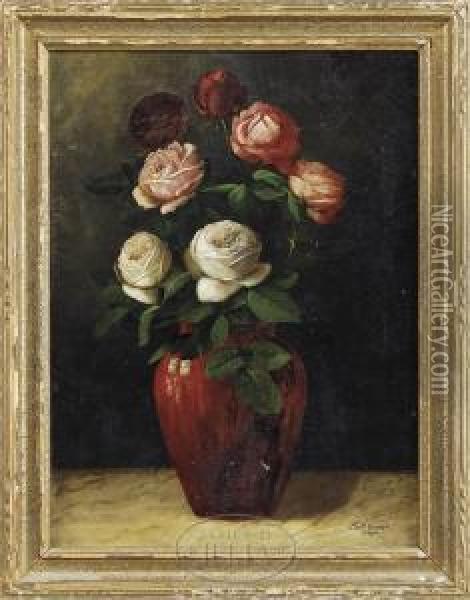 Redvase Of Roses Oil Painting - Charles Storer