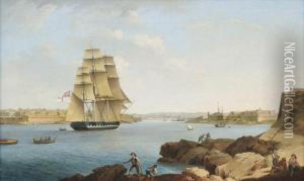 A British Frigate Entering Grand Harbour, Valetta, Malta Oil Painting - Anton Schranz