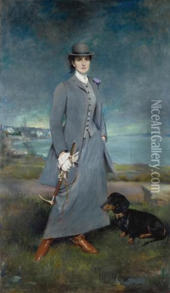 Portrait Of Countess De La Maitrie In Equestrian Dress Oil Painting - Charles Albert Walhain