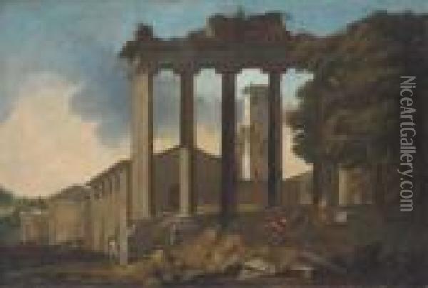The Temple Of Concorde, Rome, With Classical Figures In Theforeground Oil Painting - Gaspard Dughet Poussin