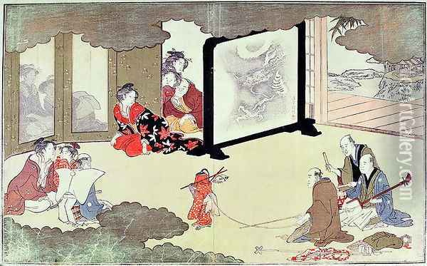 A monkey trainer performing at a noblemans house, c.1788 Oil Painting - Kitagawa Utamaro