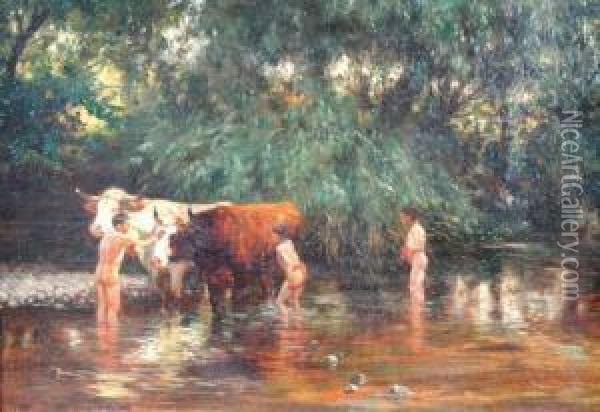 Washing Cattle In The River In India Oil Painting - Carl Friedrich Kappstein