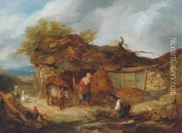 Farmyard Scene With Figures And Donkey Oil Painting - Henry Charles Bryant