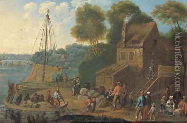 A river landscape with merchants unloading boats and other figures in the foreground Oil Painting - Marc Baets