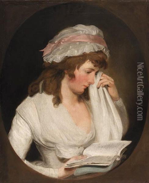 Portrait Of A Young Lady, 
Half-length, In A White Dress And Capbonnet Reading From Romeo And 
Juliet, Feigned Oval Oil Painting - Francis Wheatley