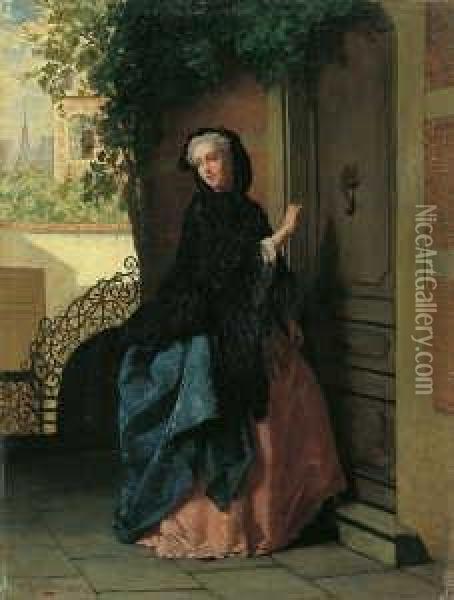 Eine An Eine Haustur Pochende Junge Frau In Rokokokostum. Oil Painting - Jean Carolus