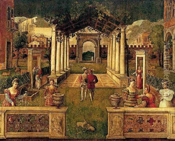 An Architectural Capriccio With Elegant Figures And Animals Promenading In An Ornamental Garden Oil Painting - Bonifazio de Pitati
