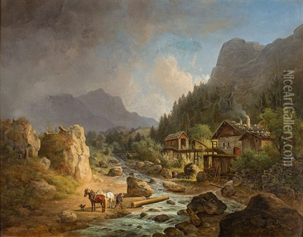 Sommerliche Gebirgslandschaft Mit Flusslauf Oil Painting - Franz Xaver Von Hofstetten