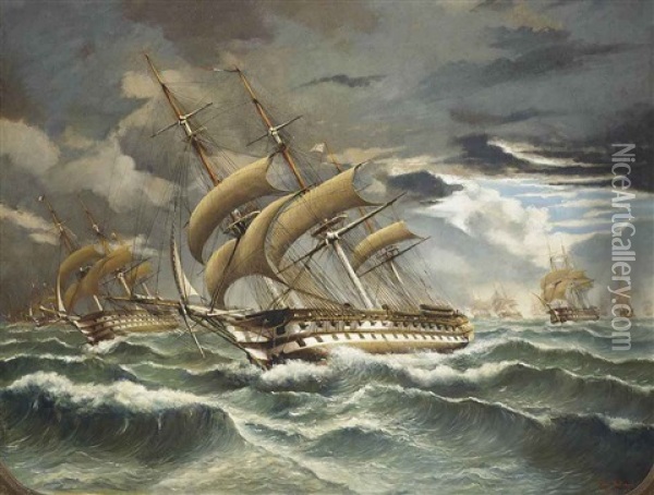 A Squadron Of French Warships On Their Way To Join The Allied Fleet During The Crimean Campaign (1854-56) Oil Painting - Cheri Francois Marguerite Dubreuil
