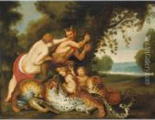 Bacchante And A Satyr In A Landscape Oil Painting - Peter Paul Rubens