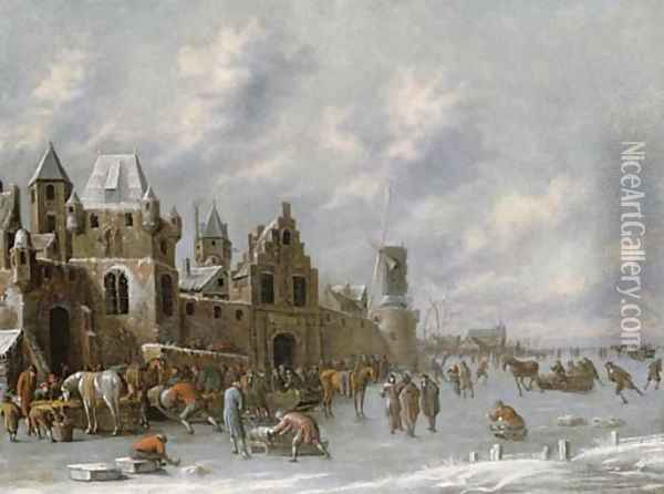 Figures on a frozen canal by a walled town Oil Painting - Thomas Heeremans