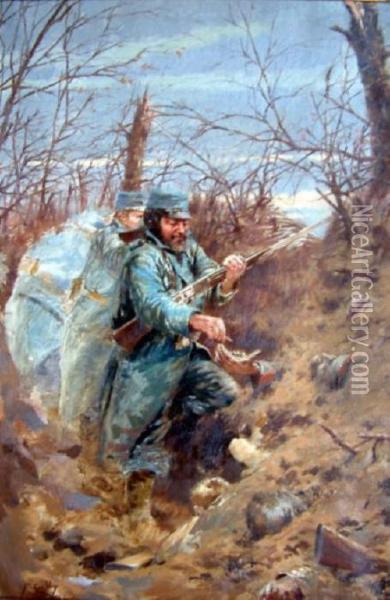 French Oil On Canvas French Soldiers In The Trenches Signed 19 X 13in Oil Painting - Ferdinand Joseph Gueldry