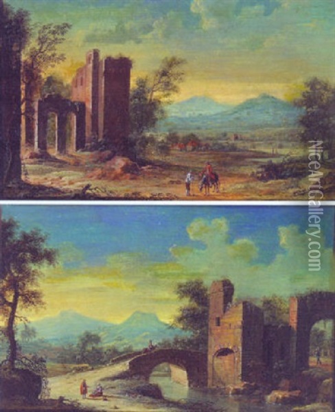 Italianate Landscape With Peasants By A Ruined Castle Oil Painting - Hendrick Frans van Lint