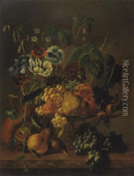 A Still Life With Various Fruit And Flowers Oil Painting - Johannes Reekers