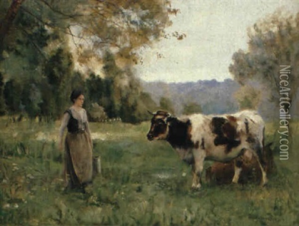 Bauerinmit Kuhen In Einer Weidelandschaft Oil Painting - Jules Dupre