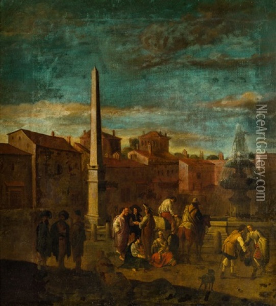 Plaza Con Obelisco Y Figuras Oil Painting - Johannes Lingelbach