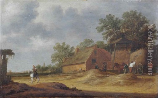 A Dune Landscape With Farmers Unloading A Hay Wagon Near A Farm House, A Horseman On A Sandy Path To The Left Oil Painting - Pieter de Neyn
