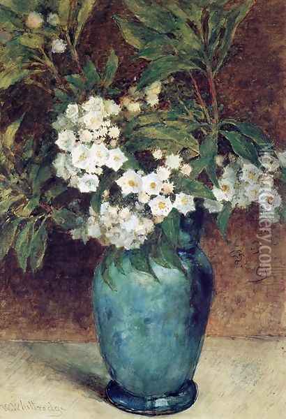 Laurel Blossoms in a Blue Vase Oil Painting - Thomas Worthington Whittredge