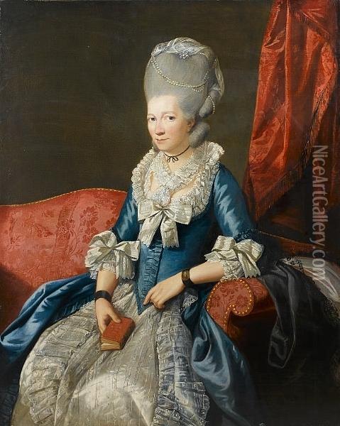Portrait Of A Lady, 
Three-quarter-length, In A Blue, Lace-trimmed Dress With A Pearl 
Headdress And A Miniature On Her Wrist, Seated In A Red Chair Before A 
Red Curtain Oil Painting - Johann Zoffany